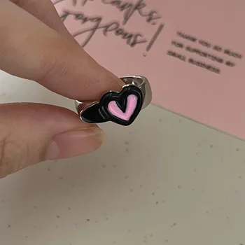 Harajuku Модное Черное Розовое кольцо с сердечком для женщин Милая Крутая эстетика Аксессуары Y2k Корейская бижутерия Подарок