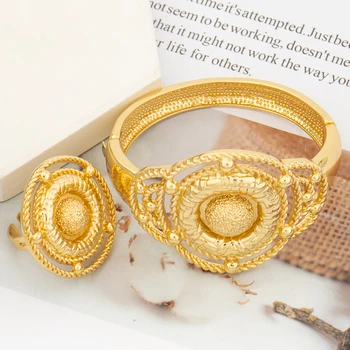Роскошный браслет золотого цвета с кольцом Ювелирный набор Дубай Африканский браслет-манжета и регулируемое кольцо Медный браслет для подарков невесте