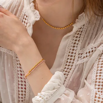 Женское модное ожерелье в стиле Ins из титановой стали, двухслойный розовый кристалл, браслет из бисера золотого цвета для девочки