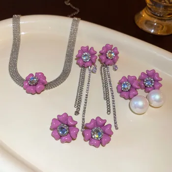 Корейский Роскошный стиль Ожерелье с хрустальным цветком, Цепочка на шею, Модные ювелирные наборы для женщин и девочек