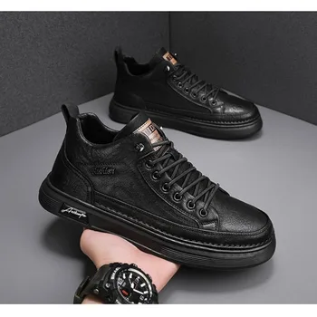Мужские повседневные кожаные ботинки 2023, Модная мужская обувь с высоким берцем, Модная Черная Спортивная Кожаная обувь, Ботильоны на платформе, Tênis Masculino