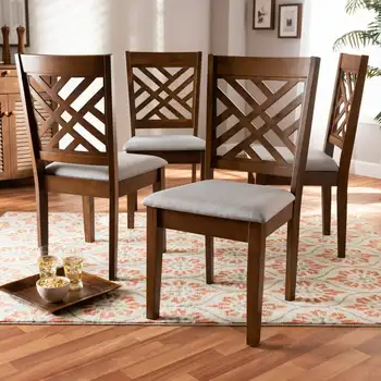 Набор обеденных стульев из дерева, обтянутых современной серой тканью орехово-коричневого цвета, из 4 предметов