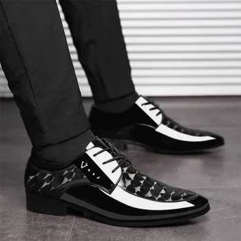 Мужская обувь, вечерние модельные туфли, черные туфли из лакированной кожи, мужская деловая повседневная обувь с острым носком на шнуровке для мужчин, Свадебная вечеринка, офис