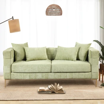 Современный 80,5-дюймовый Обитый Пружинным материалом Зеленый диван Bud с 4 Подушками Современный диван с Золотистыми Металлическими Ножками для Гостиной, квартиры