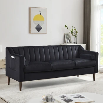 Черный современный диван Chesterfield на 3 места, удобный обитый бархатной тканью диван с деревянным каркасом и деревянными ножками