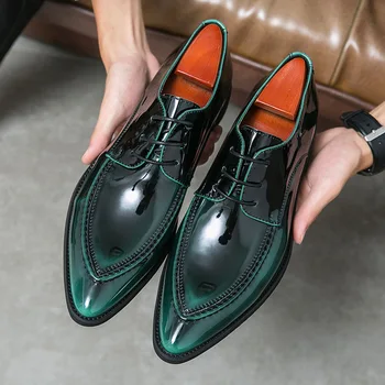 Роскошная деловая официальная обувь, Черные, зеленые Мужские свадебные туфли на шнуровке, Мужские модельные кожаные туфли, Оксфорды, Офисная мужская обувь с острым носком