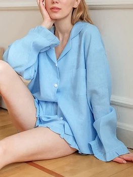 Женский пижамный комплект из 2 предметов, рубашка с длинным рукавом на пуговицах + шорты с рюшами, осенняя пижама