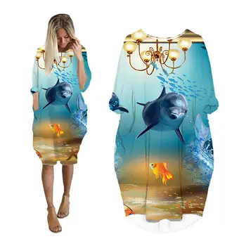 новое летнее модное женское платье 2023, одежда с длинным рукавом, женская одежда больших размеров, женские платья миди с принтом океанской акулы, YY