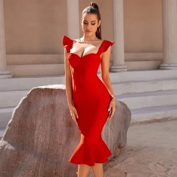 Красный цвет Женщины без рукавов Сексуальный квадратный воротник Облегающее бандажное платье до середины икры Мода Праздновать Вечернее платье Оптом