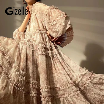 Dizelle Французский Дизайнерэлегантное винтажное платье с принтом, женское платье с V-образным вырезом и рукавом-фонариком, свободные оборки, шифоновое вечернее платье Макси в сочетании