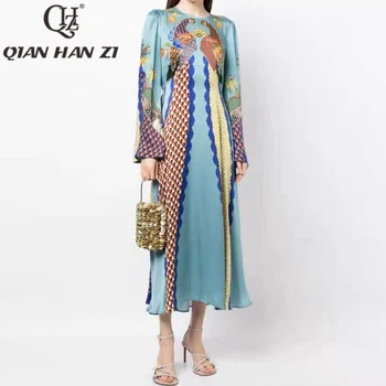 Дизайнерское модное винтажное платье QHZ для женщин с длинными рукавами и рисунком, праздничное платье в этническом стиле, длинное