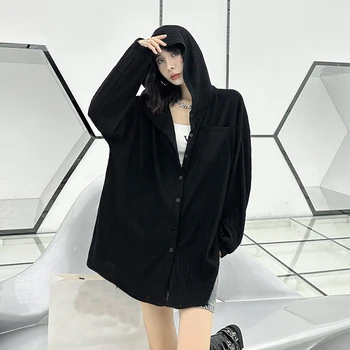 Новая рубашка свободного кроя в корейском стиле с длинными рукавами, повседневная верхняя одежда с удобным низом, черный пуловер, топ с капюшоном для женщин