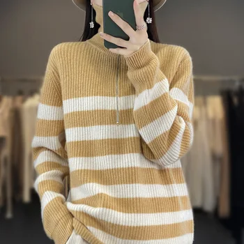 Осенне-зимний женский новый вязаный свитер из 100% шерсти, поло, пуловер на молнии в сплошную полоску, мягкая и роскошная блузка