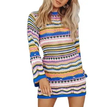 Модные женские весенне-осенние трикотажные пуловеры в цветную полоску с круглым вырезом, свободный свитер, Офисный повседневный джемпер, платье для девочек, подарок для вечеринки