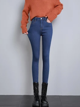 Женские брюки, утепленные женские джинсы с прямой трубкой, зимние утепленные джинсы с утеплителем из снега, узкие утепленные джинсовые брюки