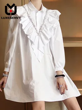 LUXE & ENVY Французское платье-рубашка с оборками и бриллиантами, весеннее Свободное платье с рукавами-пузырями и стразами, тонкое платье Для женщин, лето 2023 г.