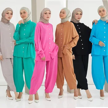 Индонезийские модные штаны Harun, мусульманские комплекты, модные однобортные топы с рукавами 