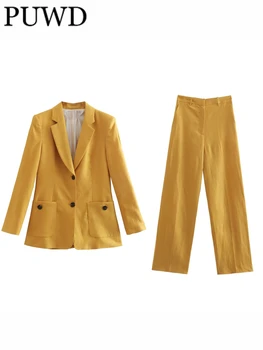 PUWD Женский элегантный Желтый однобортный блейзер Llax, пальто и брюки с нейтральным ветром, Летние винтажные женские комплекты из 2 предметов 2023, Mujer