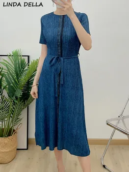 ЛИНДА ДЕЛЛА Летняя модная взлетно-посадочная полоса, темно-синее винтажное Свободное платье большого размера, женское платье Миди с круглым вырезом и присборенной талией, плиссированное платье Миди