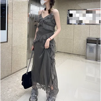 Длинное платье с V-образным вырезом и ремешком, женское летнее платье 2023, новое ретро-платье с оборками неправильной формы