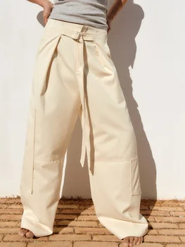 Модные однотонные Свободные длинные брюки с регулируемым поясом для женщин, прямые брюки с высокой талией, уличная одежда, винтажные шикарные брюки, осень