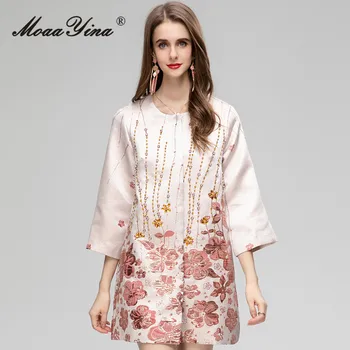 MoaaYina, летнее дизайнерское роскошное жаккардовое платье, женское платье с круглым вырезом и рукавом три четверти, повседневное свободное мини-короткое платье со стразами