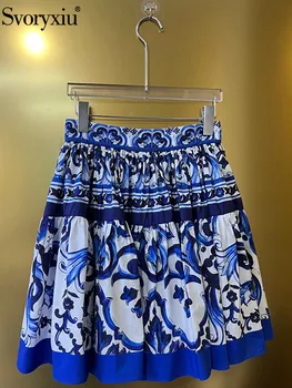 Svoryxiu Модная дизайнерская летняя Винтажная юбка с сине-белым фарфоровым принтом, Женская повседневная юбка с эластичной резинкой на талии для отдыха