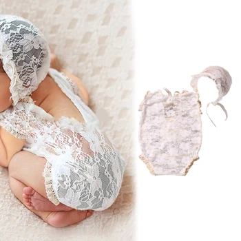 Детский кружевной комбинезон и повязка на голову, реквизит для фотосъемки новорожденных, красивое кружевное боди с элегантным головным убором из ленты