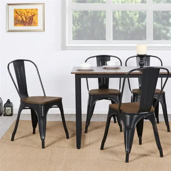 Металлические складные Обеденные стулья Alden Design с Деревянным Сиденьем, Набор из 4 черных обеденных стульев