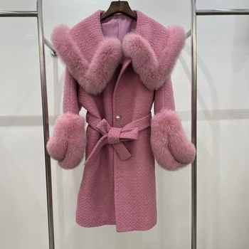 2023 Новое женское зимнее шерстяное пальто с воротником из натурального лисьего меха, манжеты, пояс, Тонкая женская одежда
