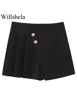 Женская мода Willshela С пуговицами, черные плиссированные мини-юбки на молнии сбоку, шорты, винтажные шикарные женские шорты с высокой талией