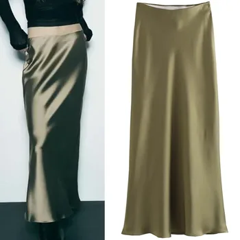TRAF Элегантная юбка Миди с эффектом атласа, женские Шикарные юбки с высокой эластичной талией, Бесшовная женская одежда, Летние юбки для женщин 2023 года.