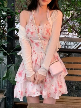 Новый летний комплект из 2 предметов, женское мини-платье с цветочным рисунком + повседневная блузка, Корейские модные костюмы, милая одежда, сексуальное платье, вечеринка, пляж