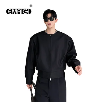 Мужская короткая куртка на молнии с двойным воротником без воротника, мужская Корейская уличная одежда, модное Свободное повседневное винтажное пальто, верхняя одежда