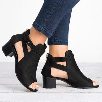 Экспертный круглый носок сплошной цвет Женские сандалии в стиле ретро Рим квадратный каблук пряжка сандалии женщин 2023 Открытая дышащая обувь для отдыха