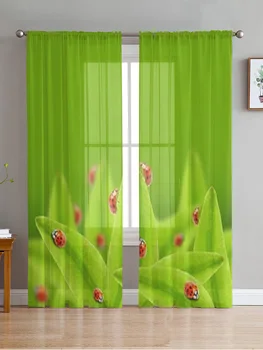 Божьи коровки на листьях зеленого чая Шифоновые прозрачные шторы для гостиной, спальни, кухни, вуали на окнах, тюлевые занавески