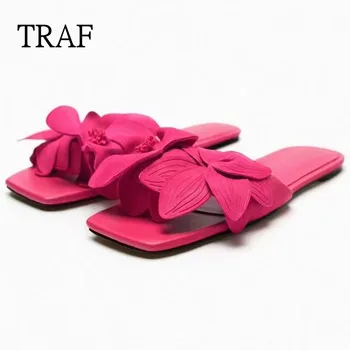 Женские розово-красные тапочки TRAF, 2023, летние модные босоножки на плоской подошве с цветами Для женщин, повседневные тапочки, Элегантные сандалии, женская обувь на плоской подошве
