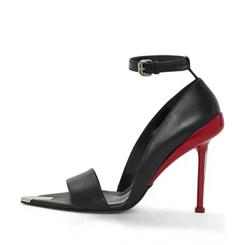 Новые модельные туфли на шпильке с металлическим носком, Сексуальные женские босоножки с ремешком на щиколотке особой формы на высоком каблуке