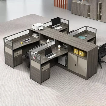 Офисный стол, рабочее место, минималистичный современный персонал, офисный стол, четыре человека, финансовый стол, офисный компьютерный стол, экранная карточка