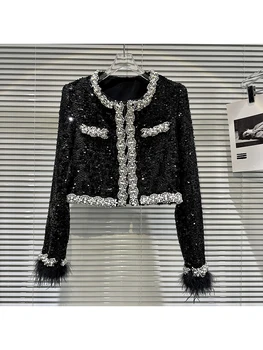 ХАЙ-СТРИТ Новейшая модная дизайнерская куртка 2023 года Женская манжета из страусиных волос С водяными стразами и Бриллиантами, расшитая бисером Короткая куртка