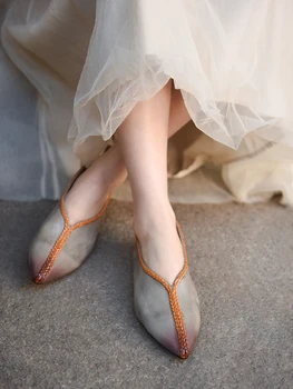 Artmu Женские туфли на высоком каблуке в стиле ретро, Лоферы с острым носком, Роскошные элегантные туфли на толстом каблуке, плетеные женские туфли-лодочки в стиле ретро
