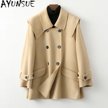 AYUNSUE, 100% Шерстяные Пальто для женщин, Осень 2023, Модная Женская Одежда, Элегантная Двубортная Шерстяная куртка, Шерстяное пальто средней длины