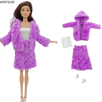 Фиолетовые меховые наряды для куклы Барби, пальто, юбки, белые топы, сандалии, Модный комплект одежды для кукол Barbie 1/6, Аксессуары и игрушки