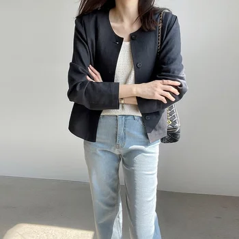 Женская летняя льняная куртка большого размера, короткая куртка с защитой от ультрафиолета, Весна 2023, женская официальная офисная одежда, Корейское модное элегантное пальто