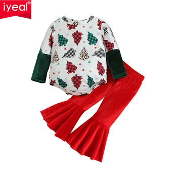 IYEAL Рождественская детская одежда для маленьких девочек, боди с длинными рукавами в виде рождественской елки + расклешенные брюки, комплект из 2 предметов