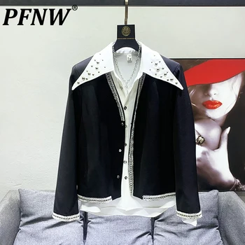 PFNW Nihce Дизайнерский Наплечник Мужские Куртки С Металлической Вышивкой Корейская Мода Мужские Повседневные Пальто Без шеи 2023 Осень Новый 28W1387