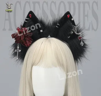 Готический головной убор с волчьими ушками ручной работы Аниме Маскарадный костюм для вечеринки Косплей Костюм на Хэллоуин Повязка для волос