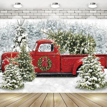 Рождественский Красный грузовик На фоне Зимнего Заснеженного леса, Елки, Рождественского Снега, Сезонного Душа ребенка, баннера для вечеринки по случаю Дня рождения, реквизита для фотосессии