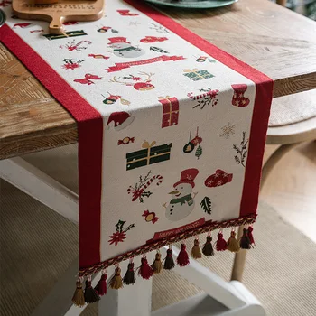 Рождественская Жаккардовая настольная дорожка, Праздничное украшение, Рождественская Елка, Лось, Маленький Снеговик, Американский флаг для чайного стола с бахромой