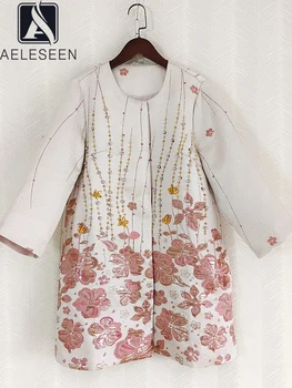 Женский жаккардовый тренч AELESEEN, модный дизайн, осень-зима, свободное повседневное пальто с цветочным принтом, расшитое золотой нитью и кристаллами